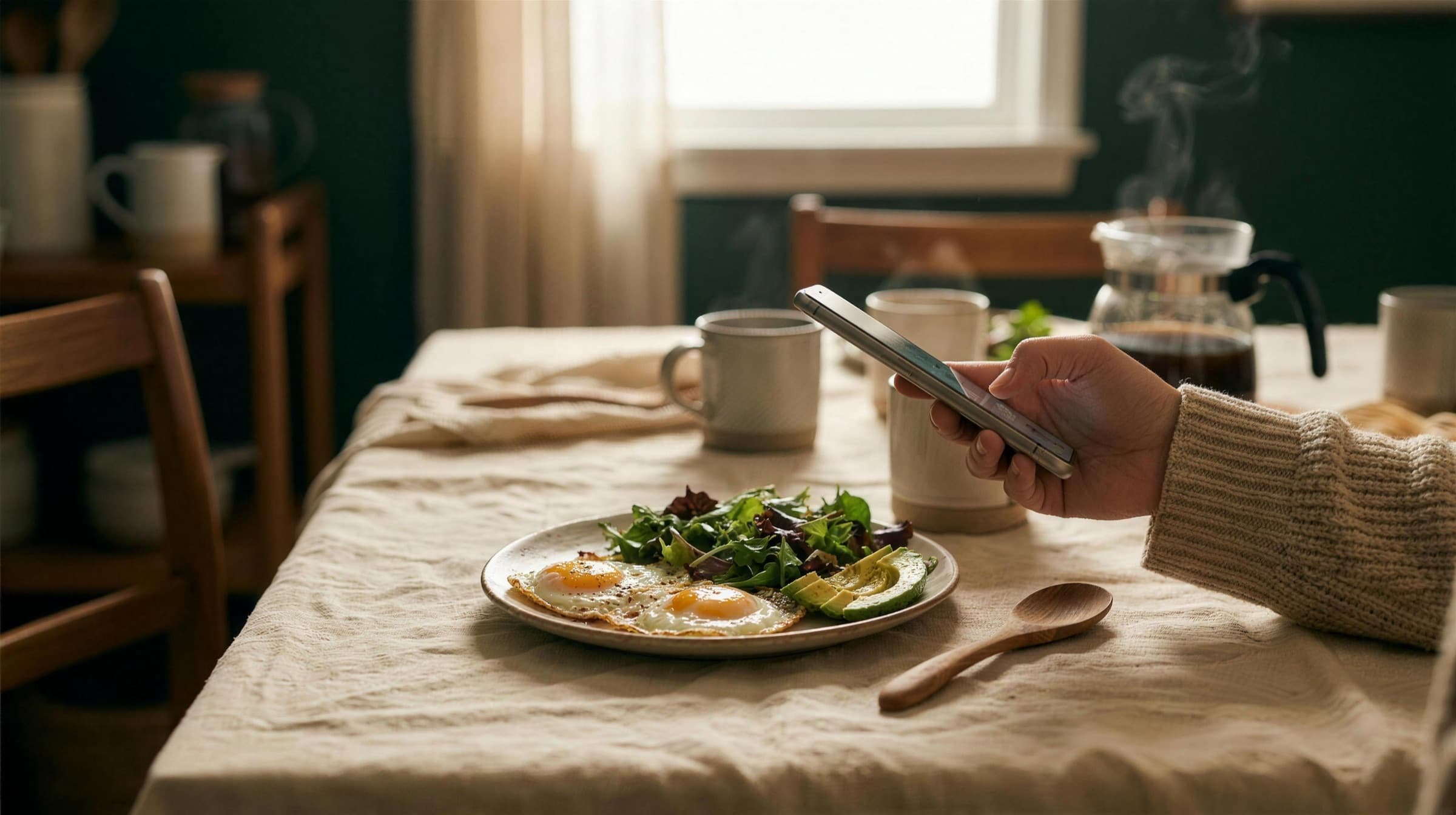 Morning kitchen table in soft window light: a hand holds a phone above a plate of eggs, greens and avocado, about to photograph it